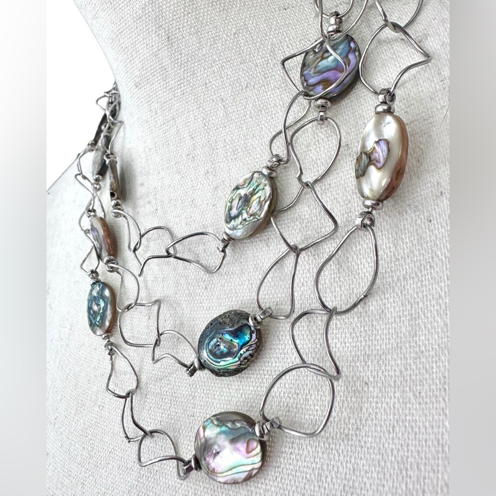 🤍Triple Strand Silver Abalone Shell Necklace Marked 925